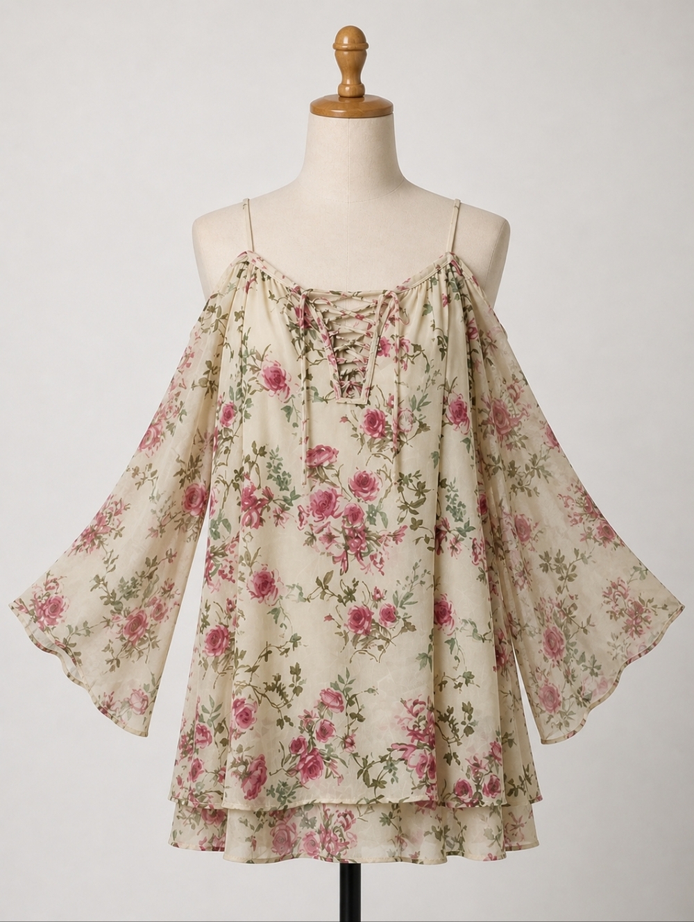 Purple Snow Floral Off Shoulder Boho Tunic Top | Flowy Bell Sleeve Cottagecore